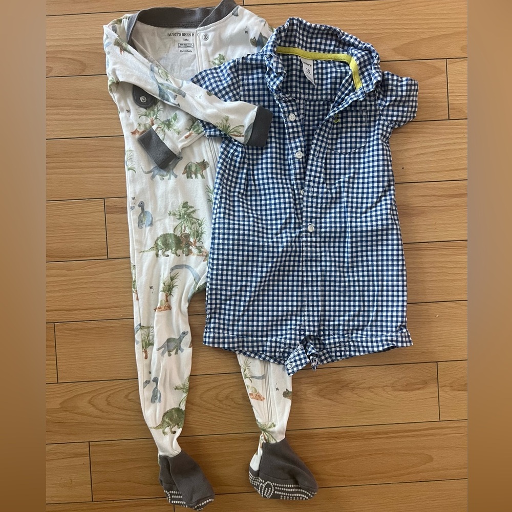Bundle Burt’s Bees and Carter’s 18 month Baby Boy Romper and Footie Pajamas